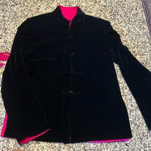 Black velvet- hot pink silk fully reversible jacket with matching scarf- NWOT